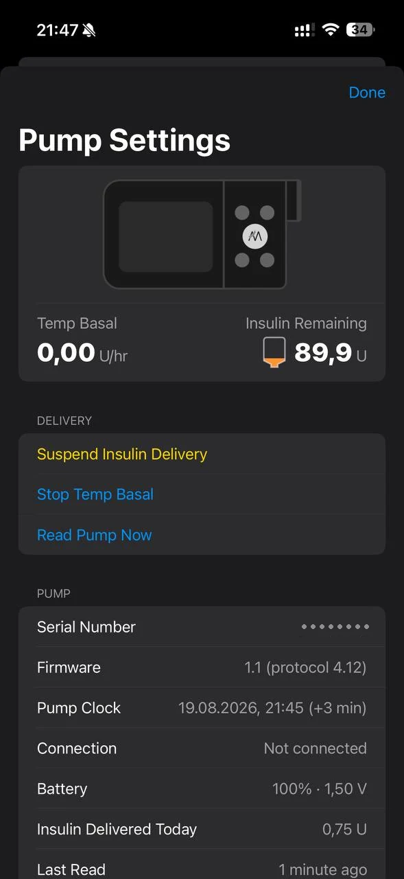 Настройки помпы Apex TruCare III в Loop Ultra: временный базал 0 ЕД/ч, остаток инсулина 89,9 ЕД, прошивка 1.1