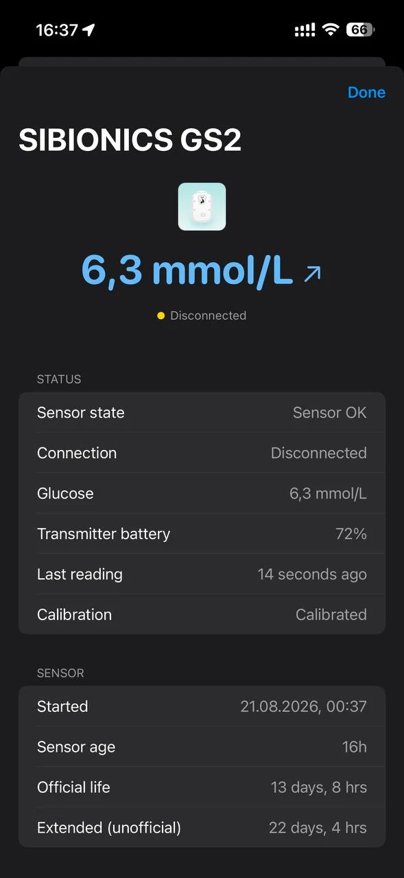 Экран SIBIONICS GS2 в Loop Ultra: 6,3 ммоль/л, заряд трансмиттера 72 %, срок работы сенсора