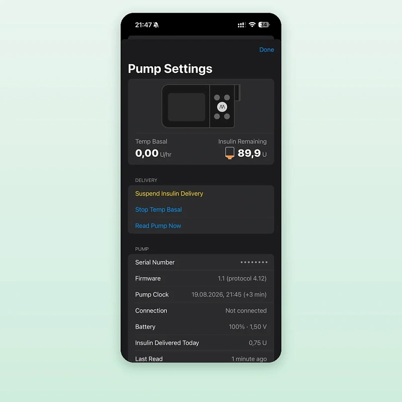 Loop Ultra: настройки помпы Apex TruCare III